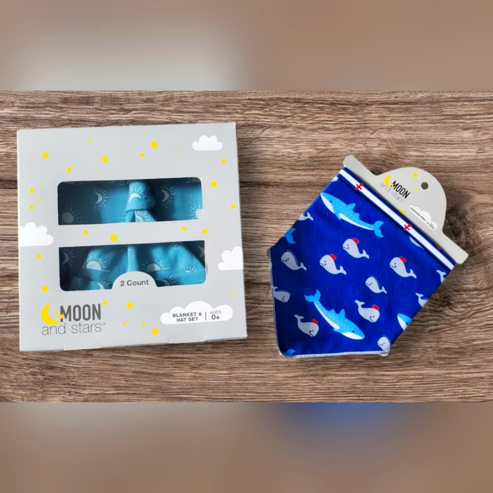 Moon & Stars Blanket,‎ Hat, & Bandana Bib Set 4 piece Set Blue Whales